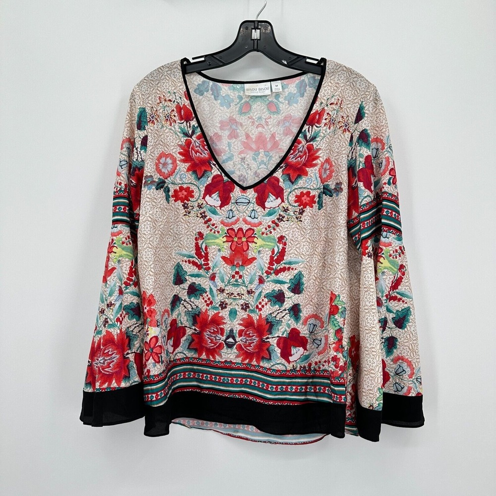 Bisou Bisou Top Womens Medium White Red Floral‎ Blouse Bell Sleeve Peasant Boho